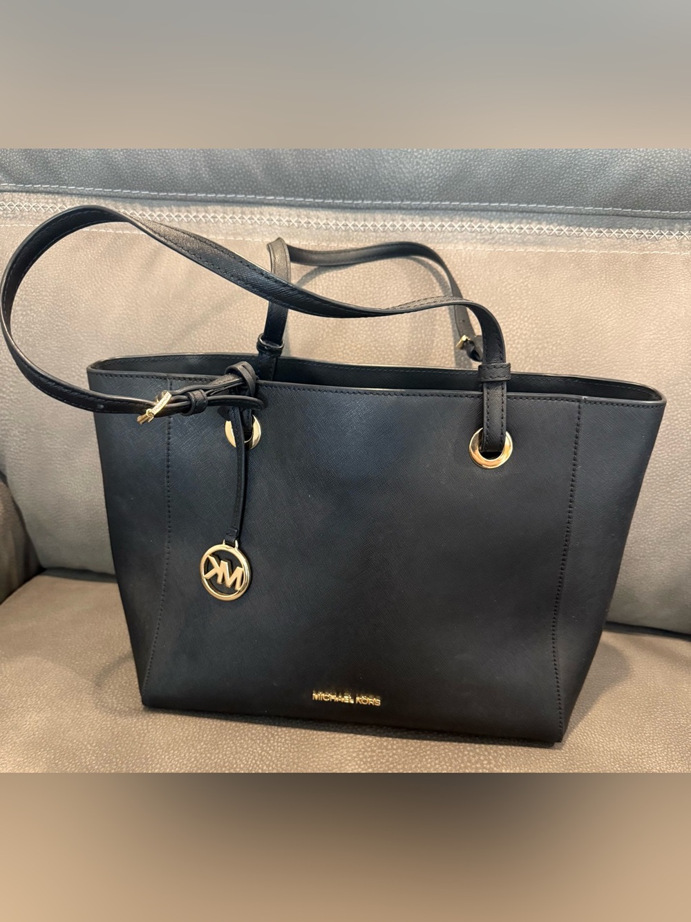 Michael Kors Black Leather Tote with Gold Hardware